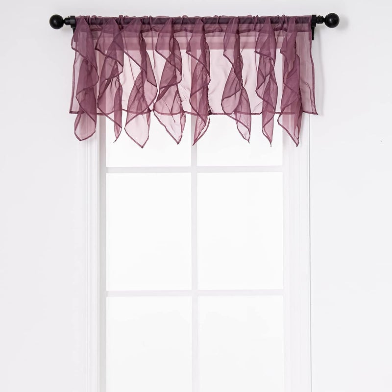 PearAge Ruffled Voile Semi Sheer Curtain Valance, Kitchen Living Room Shabby Chic Ruffle Valance Curtains, Girls Daughters Bedroom Cascade Window Valance Dark Purple 50x16 Inches - Image 1